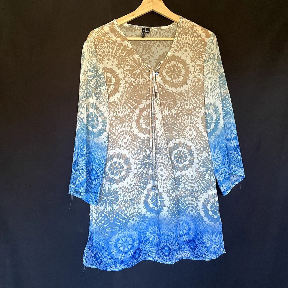 Portocruz geometric blue tan beige swimsuit coverup long sleeves flowy boho L